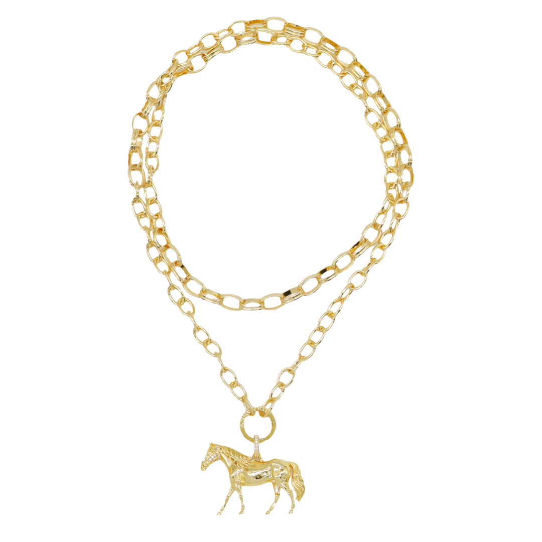 A gold-toned double-strand chain necklace featuring a small horse pendant, displayed on a clean white background.