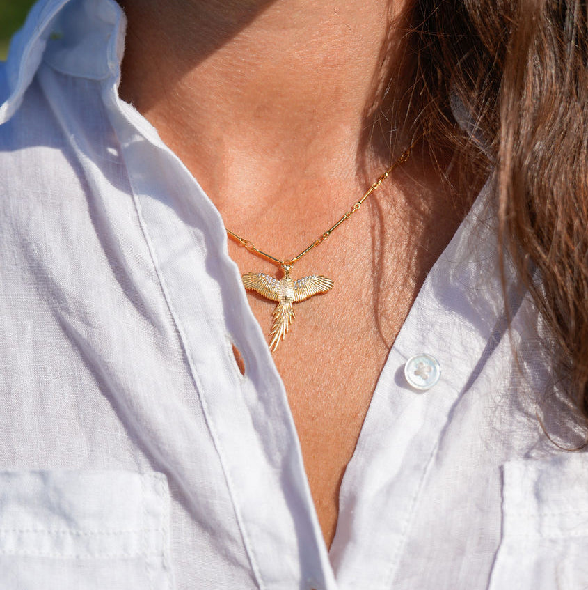 A close-up of a person wearing a delicate gold cross pendant necklace on a chain, paired with a white button-down shirt.
