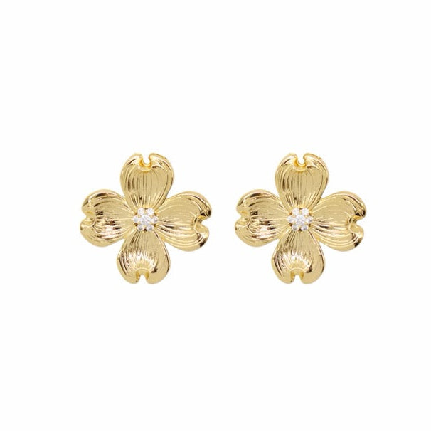 Gold and crystal dogwood flower earrings