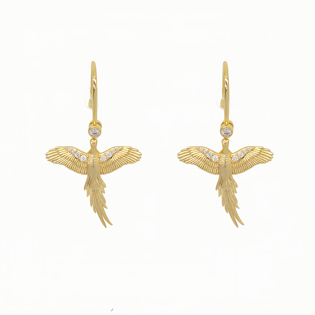 Gold and crystal pheasant bird drop earrings