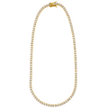 A gold tennis necklace paved with small clear stones, shown on a plain white background.