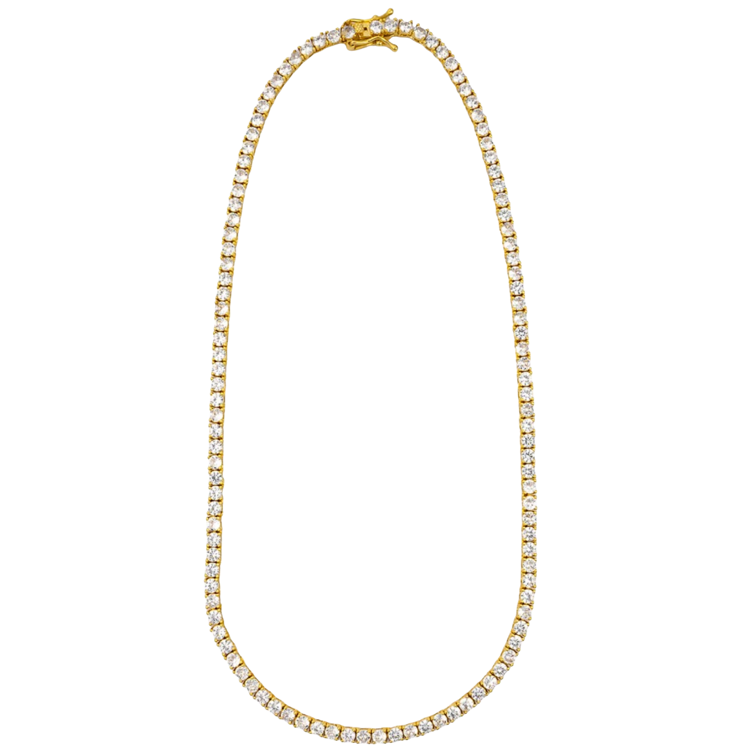 A gold tennis necklace paved with small clear stones, shown on a plain white background.