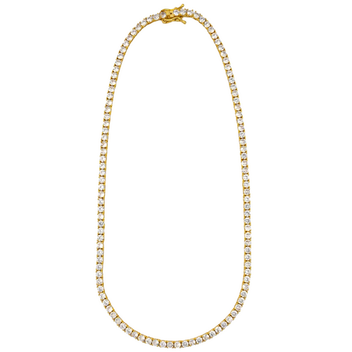 A gold tennis necklace paved with small clear stones, shown on a plain white background.