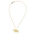 A gold necklace featuring a delicate chain with small linked beads and a detailed horse pendant, displayed on a clean white background.