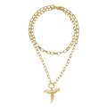 A gold-toned double-strand chain necklace featuring a parrot pendant adorned with small clear crystals, displayed on a clean white background.