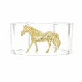 A gold horse figurine displayed inside a clear cylindrical glass container on a white background.