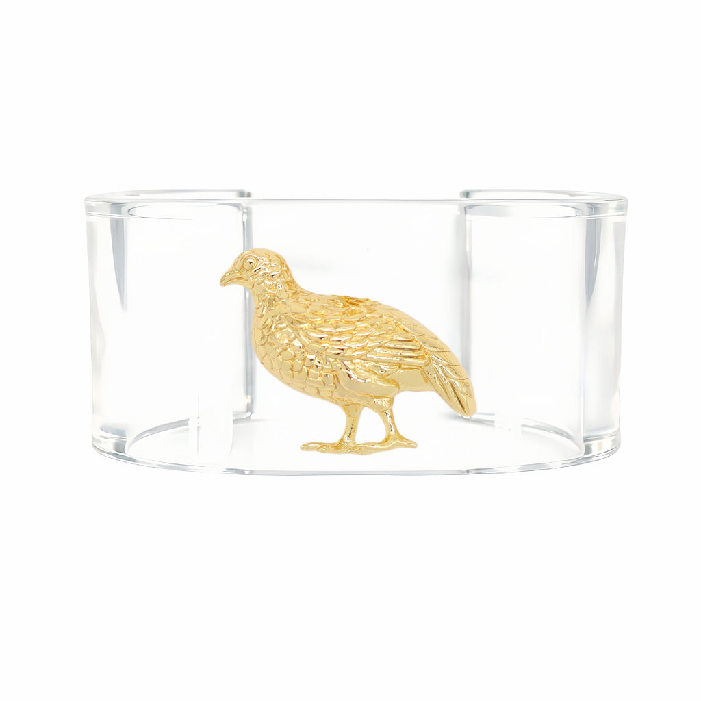 A gold bird figurine displayed inside a clear acrylic or glass rectangular holder against a solid white background.